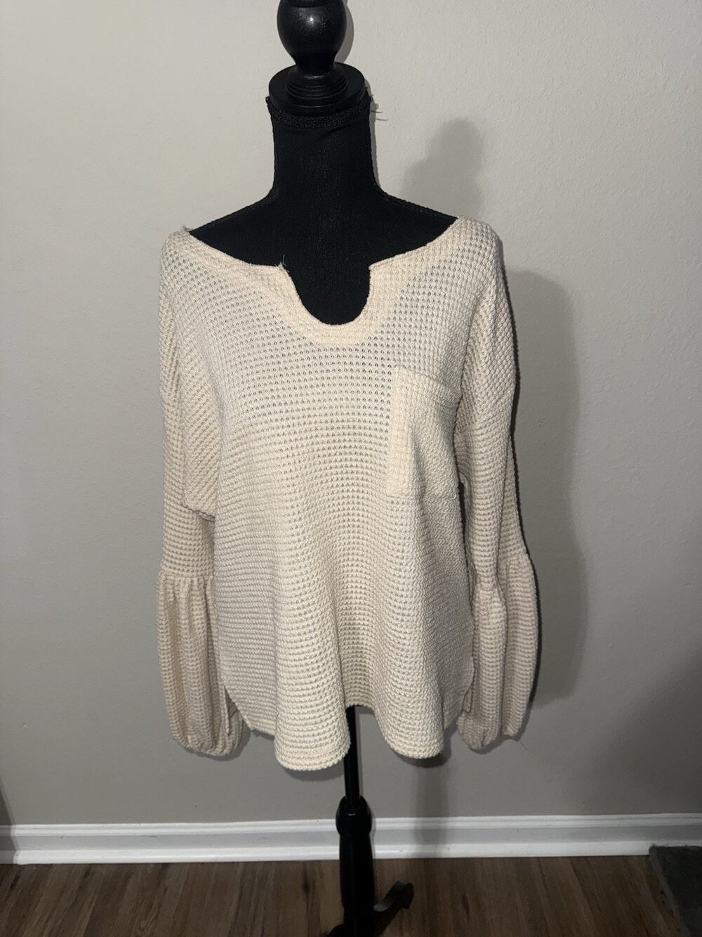 Miou Muse Womens Large Cream Waffle Knit Sweater Balloon Sleeve Notch Neck Top L